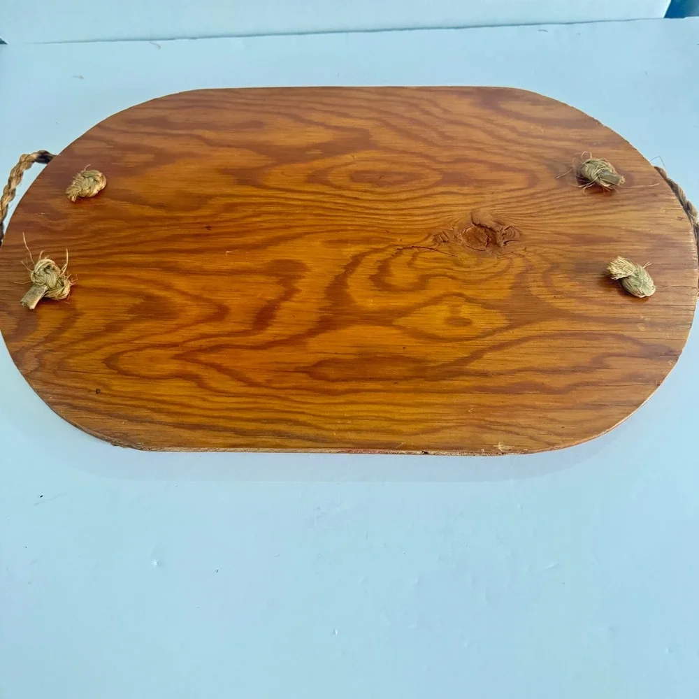 Vintage Wooden Serving Tray Braided Rope Handles Bird Iris Decoupage Rustic Oval
